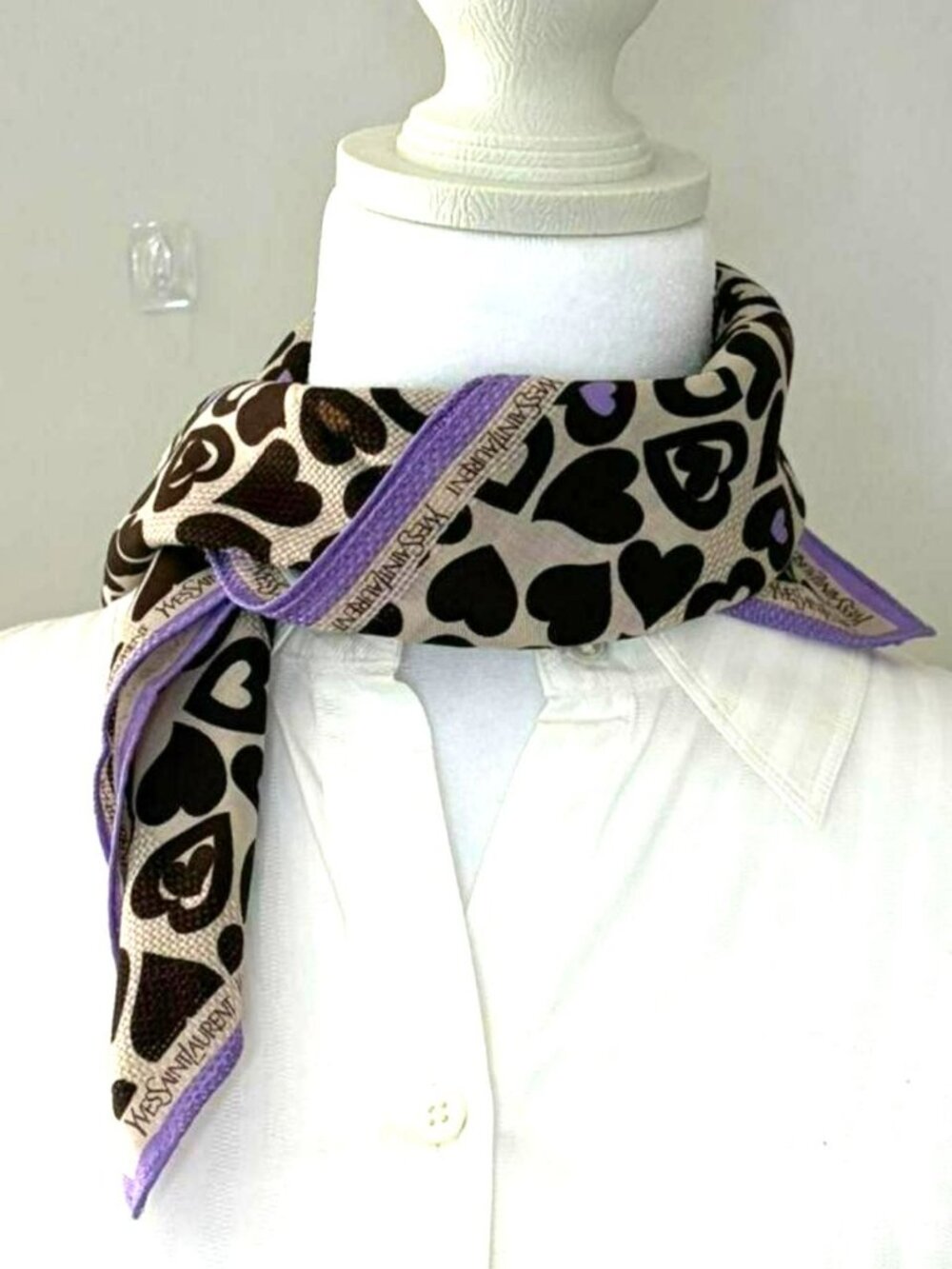 Vintage YSL Yves Saint Laurent Heart Scarf Bandana Lavender Brown NWOT